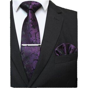 Mens Solid Color Paisley Necktie and Pocket Square with Tie Clip Sets